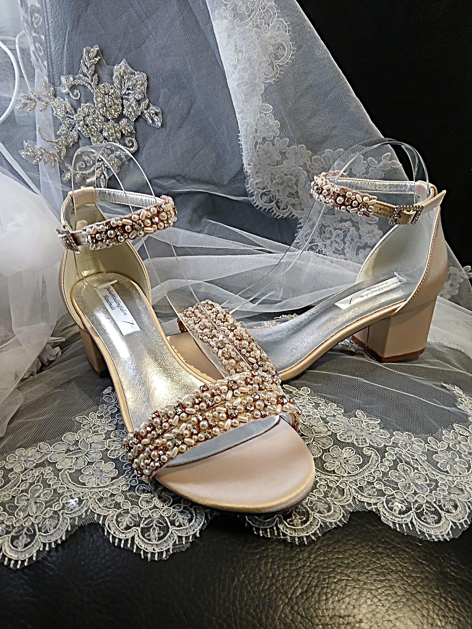 Champagne Bridal Sandal & Clutch Set: Pearl Crystal Block Heel Shoes