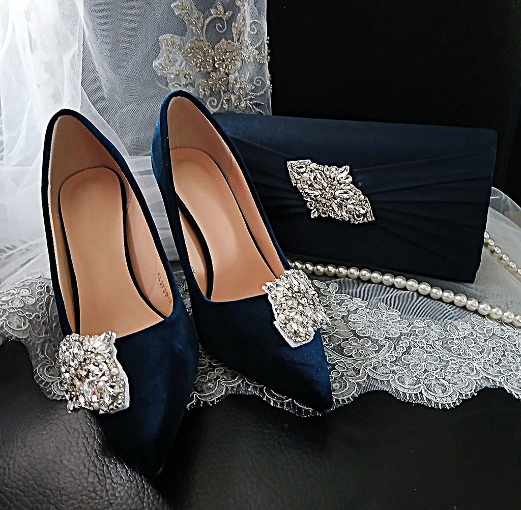 Navy Velvet Bridal Shoe Clips & Clutch Bag Set: Formal Occasion Heels