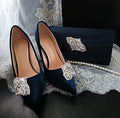 Navy Velvet Bridal Shoe Clips & Clutch Bag Set: Formal Occasion Heels