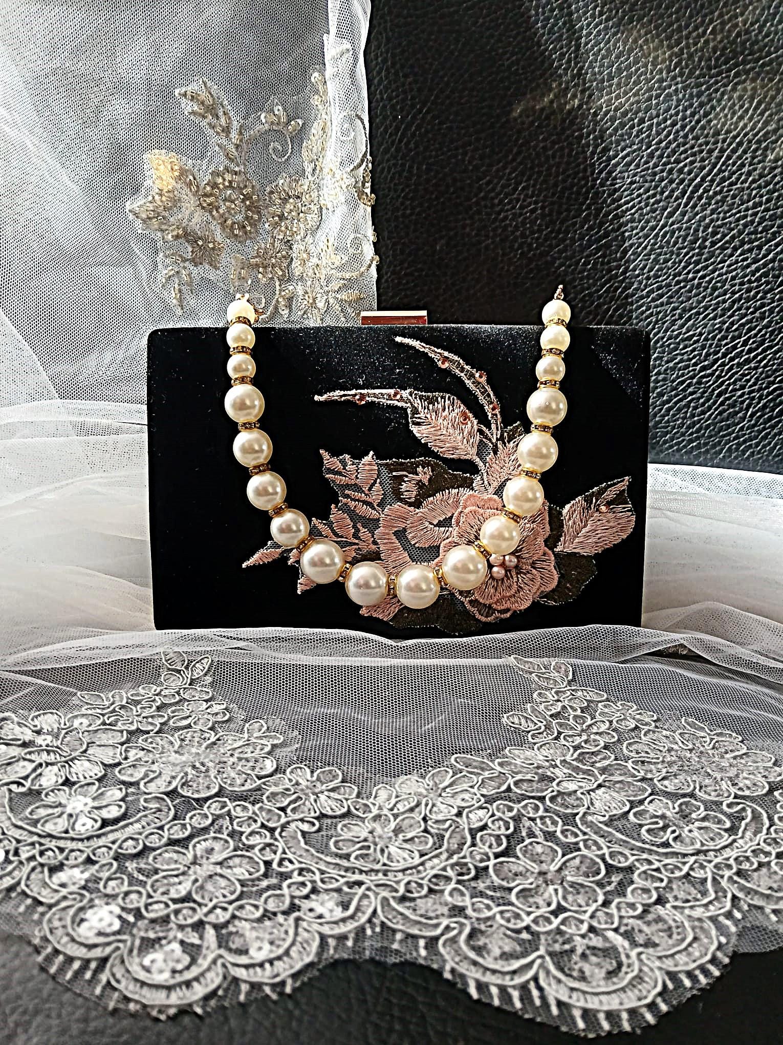 Black Velvet Evening Clutch: Blush Pink Flowers, Pearl Handle