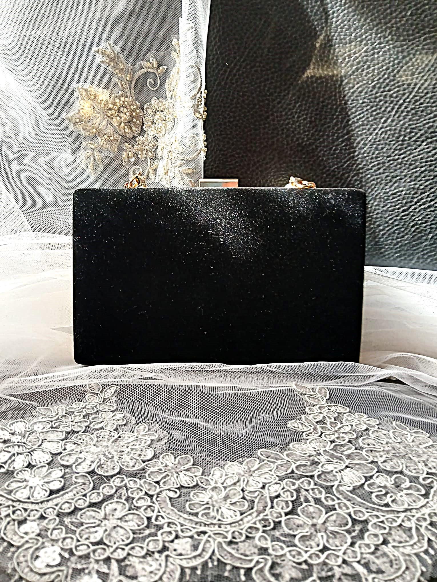 Black Velvet Evening Clutch: Blush Pink Flowers, Pearl Handle
