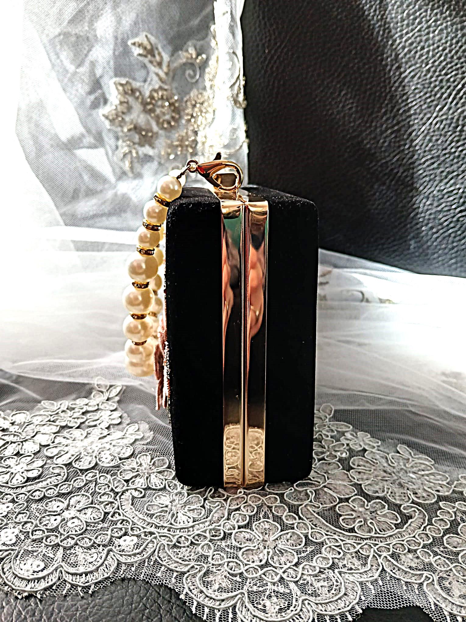 Black Velvet Evening Clutch: Blush Pink Flowers, Pearl Handle