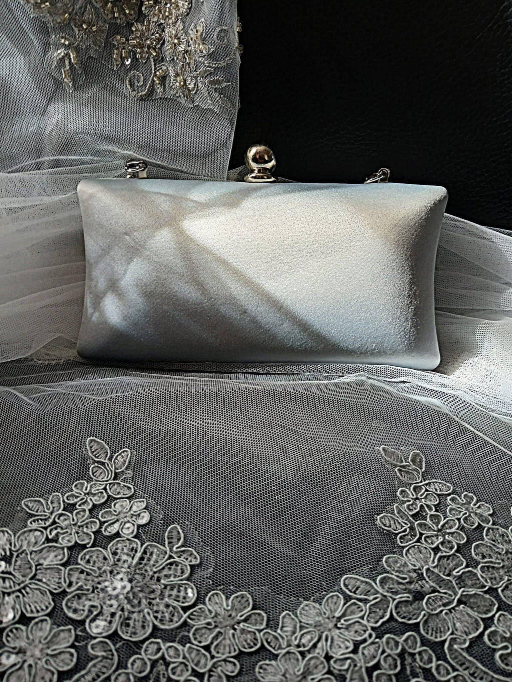 Silver Satin Evening Clutch Bag: Pearl Handle Wedding Handbag