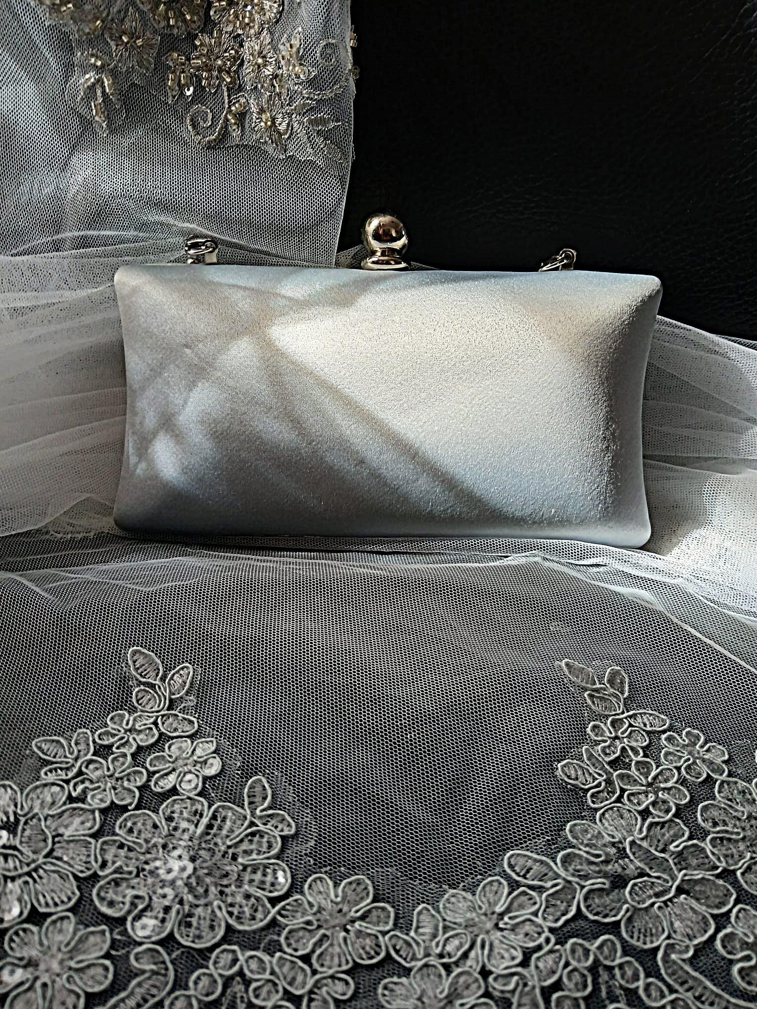 Silver Satin Evening Clutch Bag: Pearl Handle Wedding Handbag