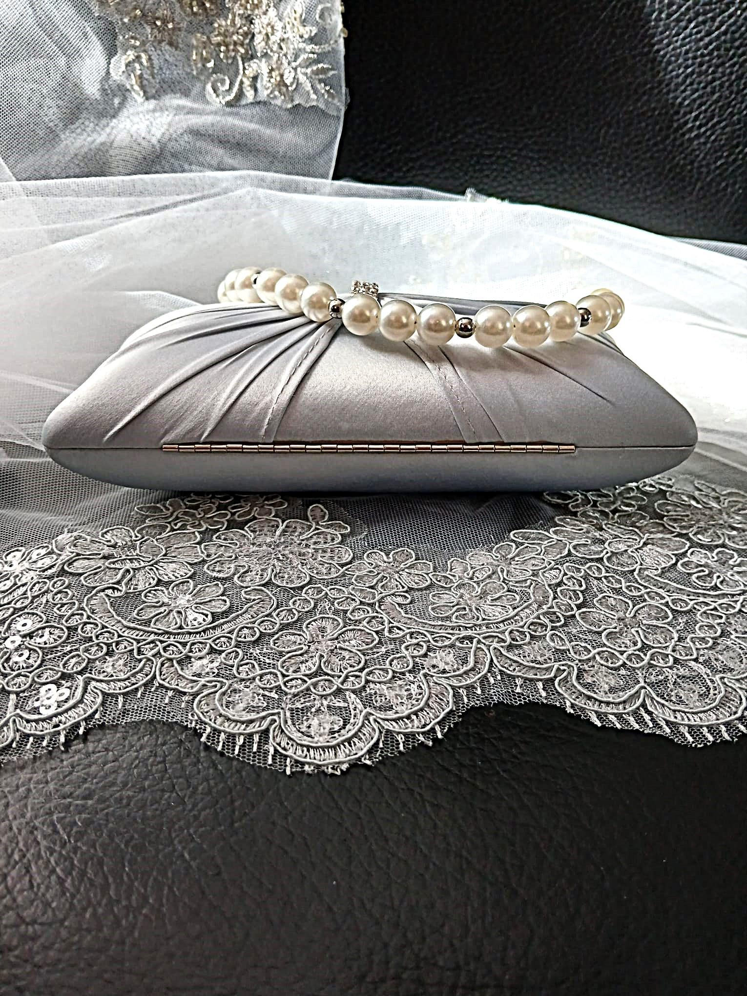 Silver Satin Evening Clutch Bag: Pearl Handle Wedding Handbag