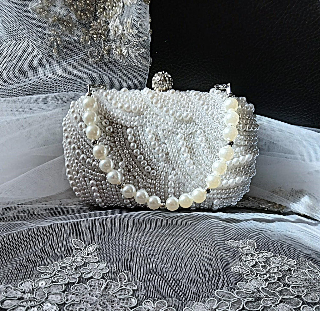 White Pearl Evening Clutch: Crystal Closure Wedding Handbag
