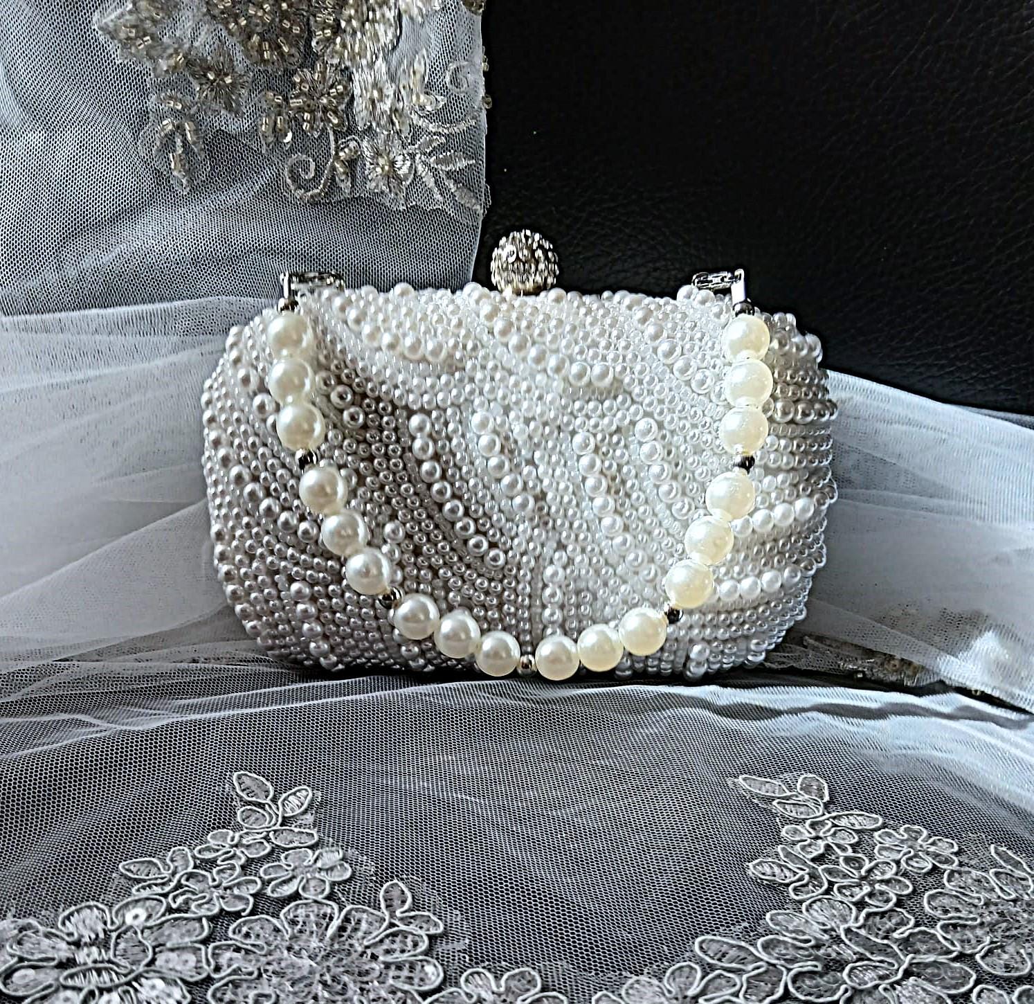 White Pearl Evening Clutch: Crystal Closure Wedding Handbag