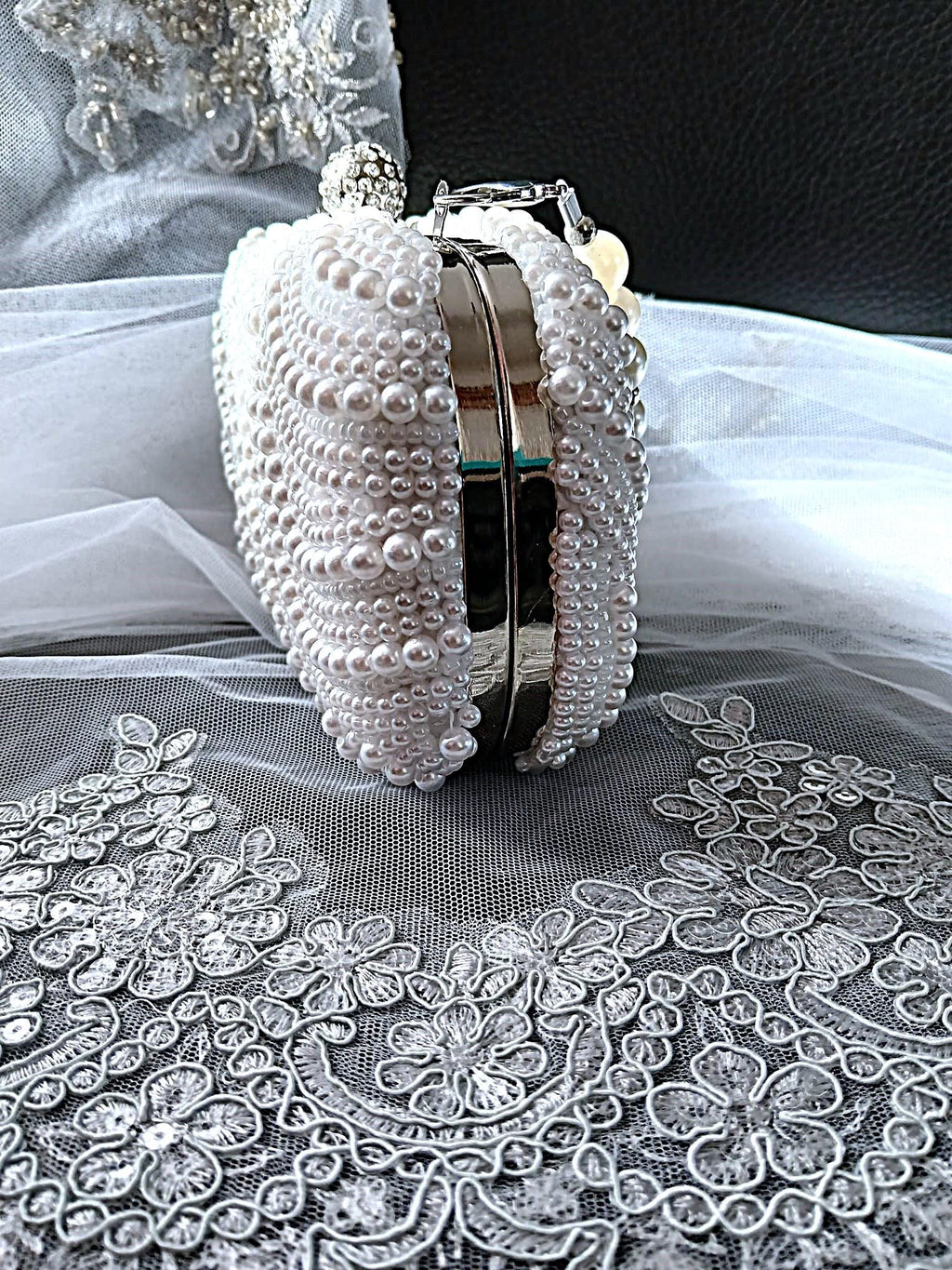 White Pearl Evening Clutch: Crystal Closure Wedding Handbag