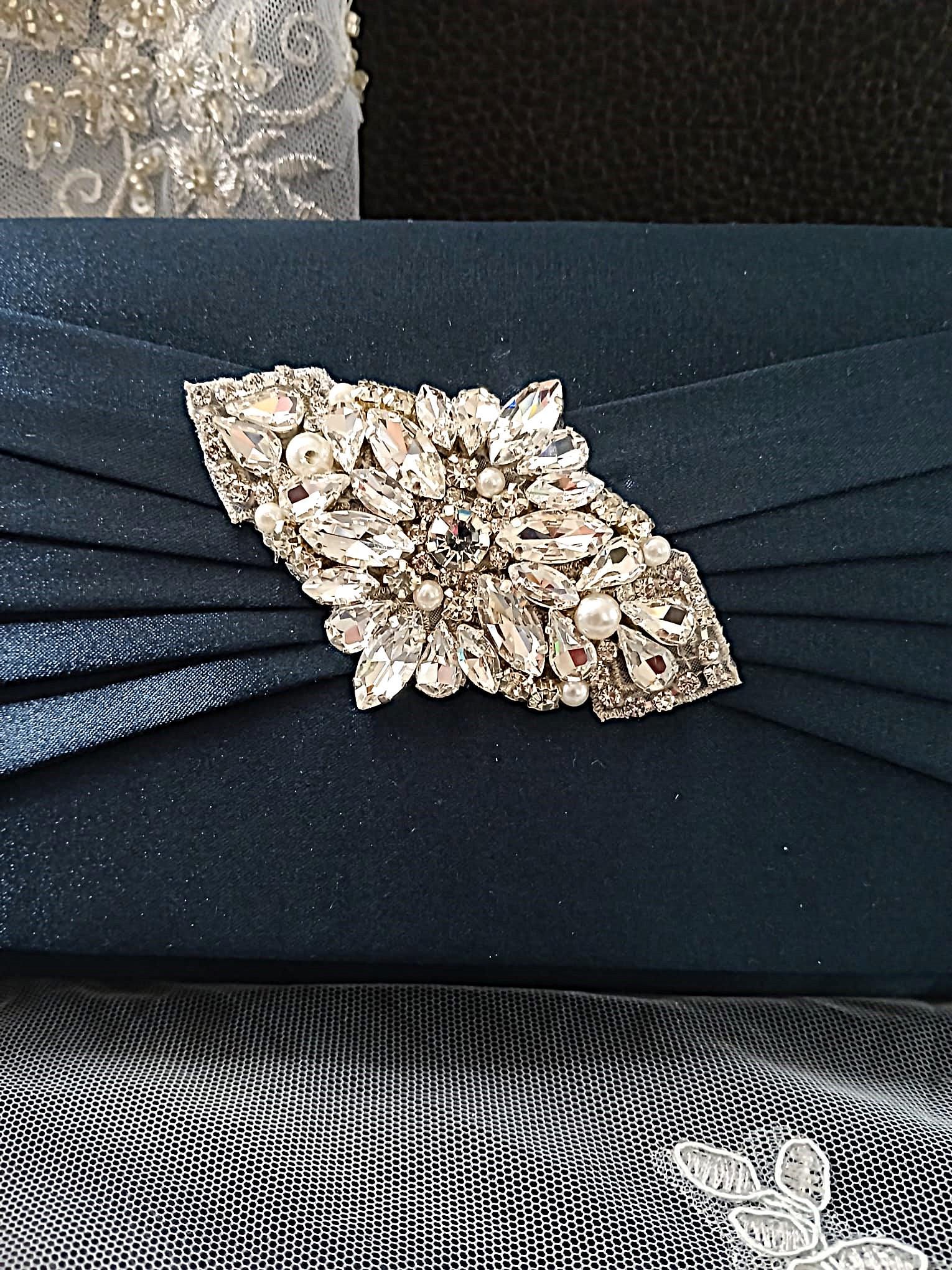 Navy Blue Satin Evening Clutch Bag: Pearl Handle, Crystal Design