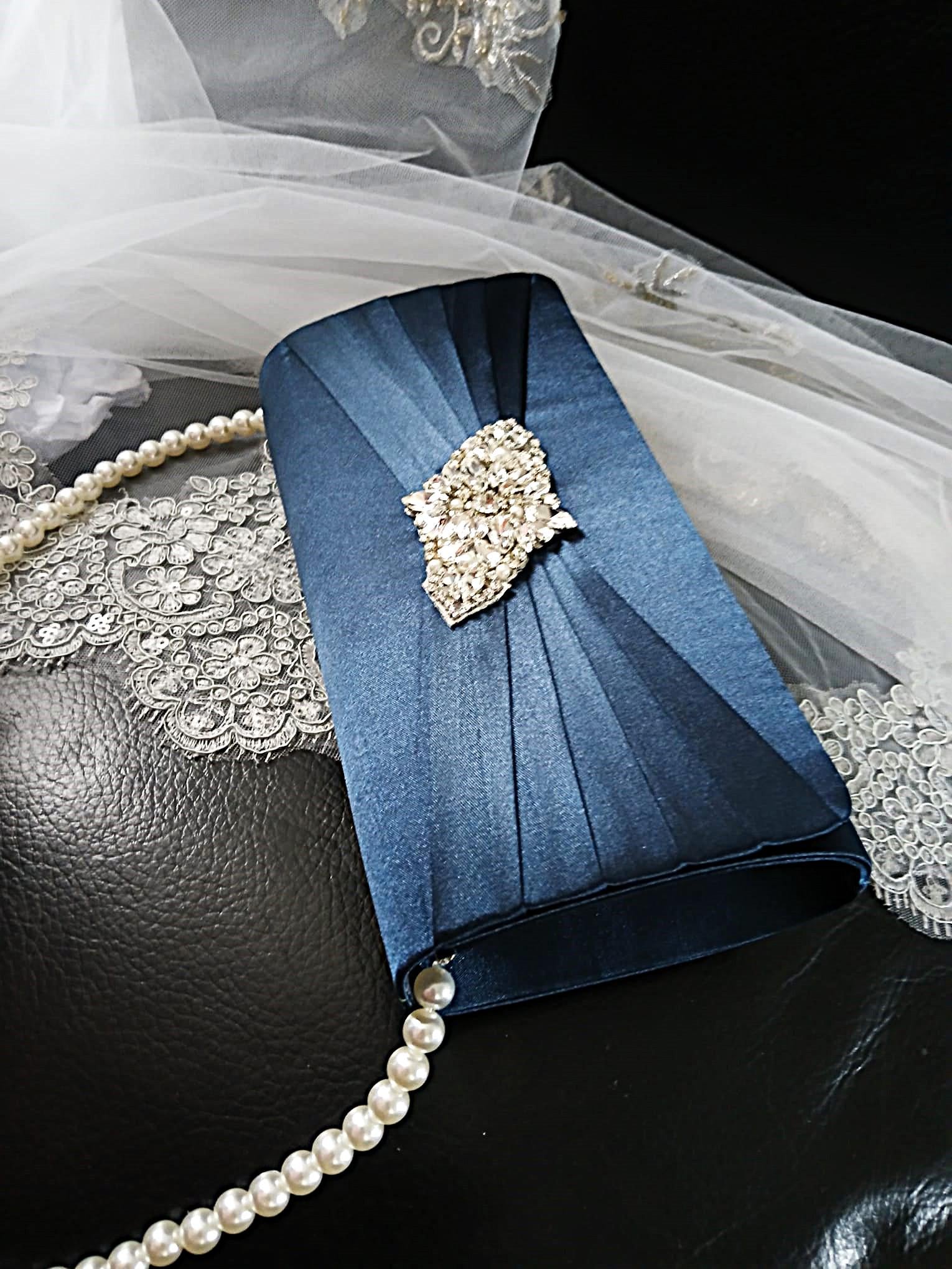 Navy Blue Satin Evening Clutch Bag: Pearl Handle, Crystal Design