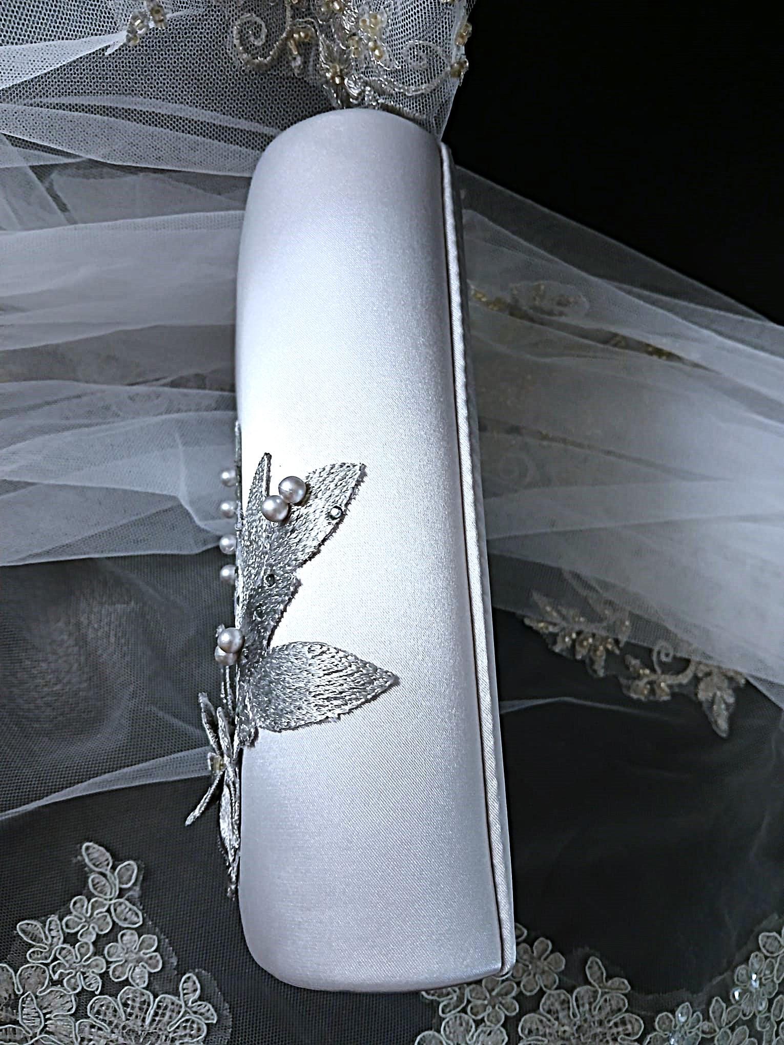 Silver Grey Satin Evening Clutch Bag with Matching Floral Design Hat