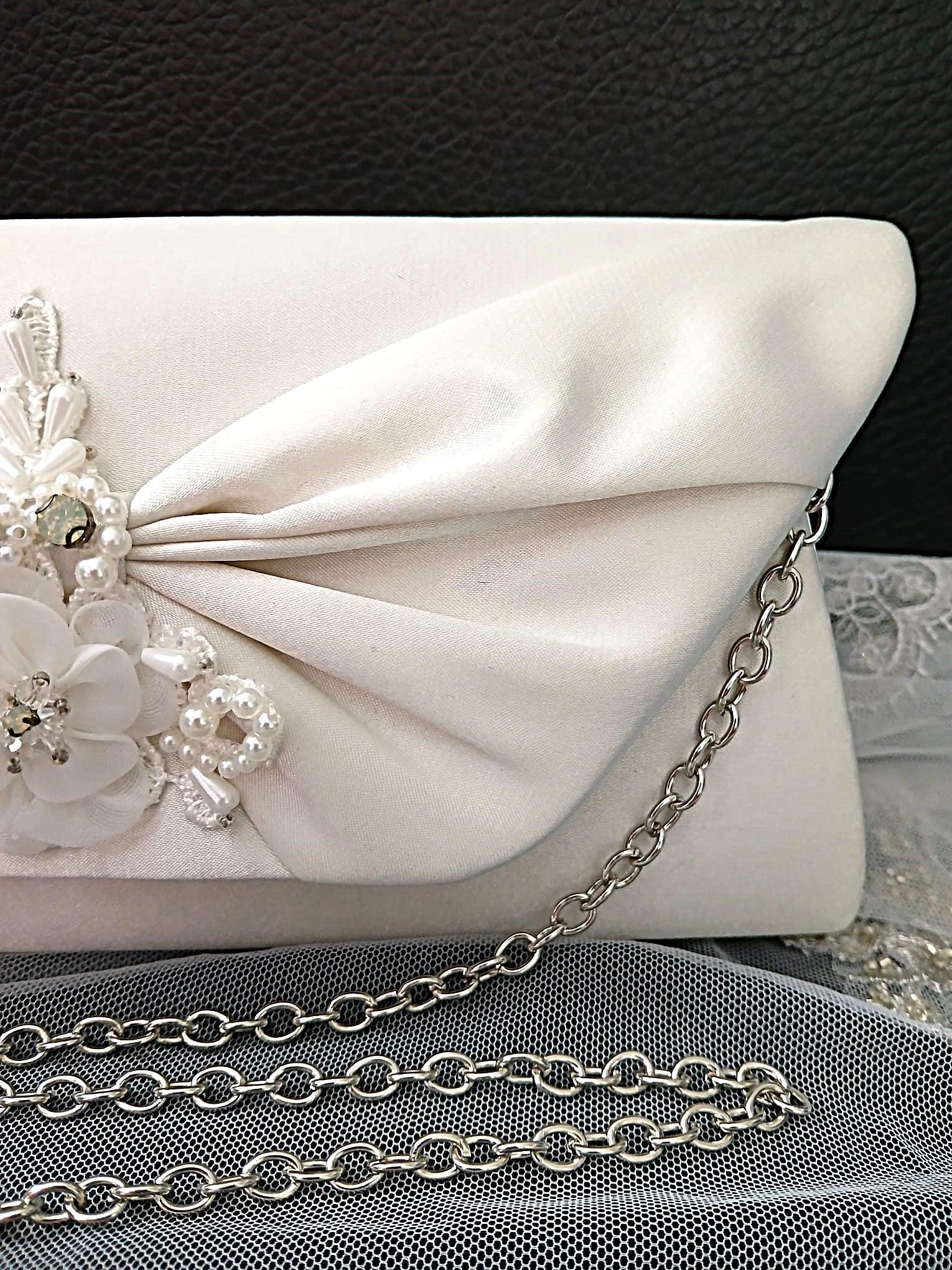 Ivory Satin Evening Clutch Bag: Floral Wedding Handbag with Chain