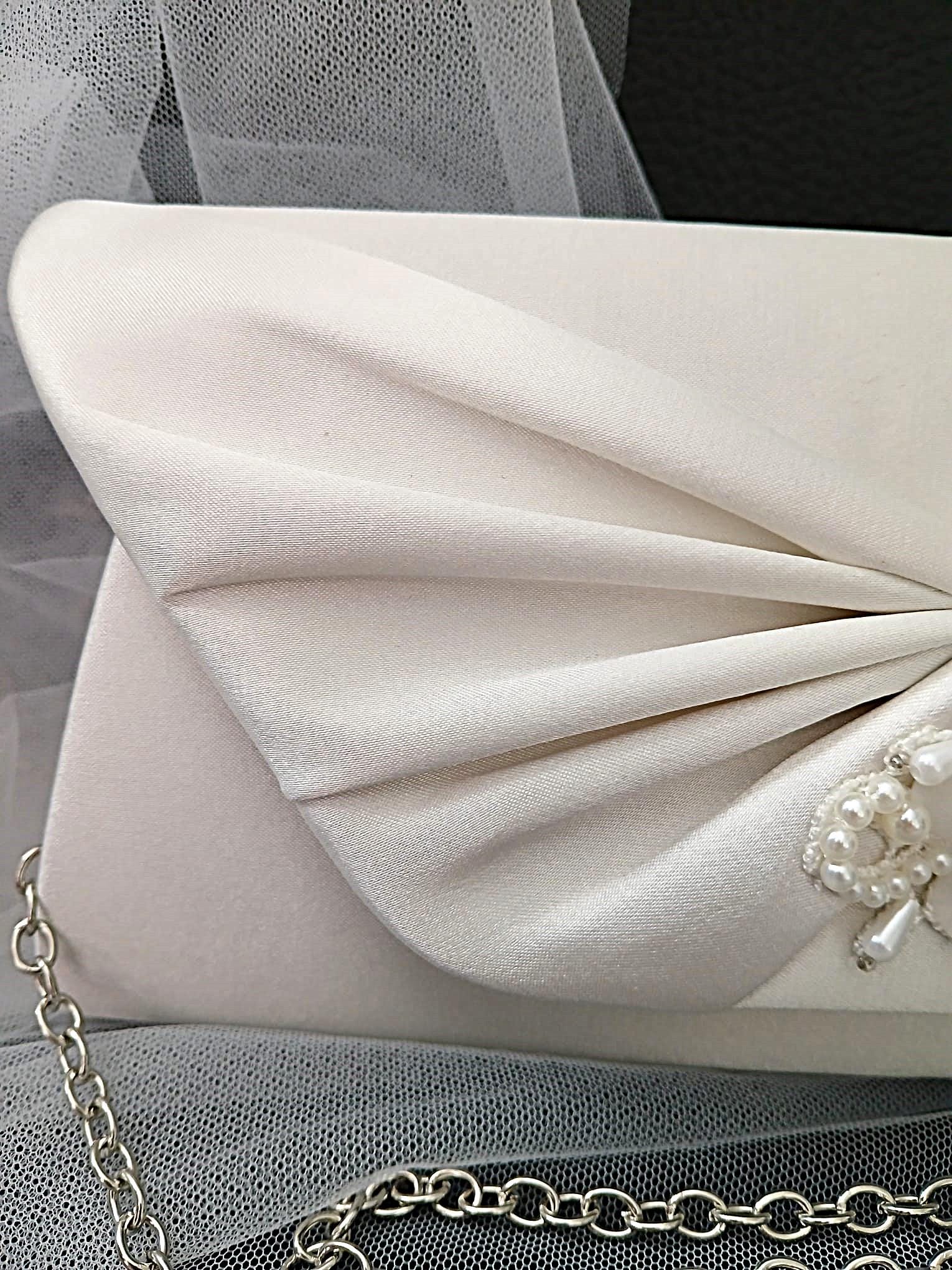 Ivory Satin Evening Clutch Bag: Floral Wedding Handbag with Chain