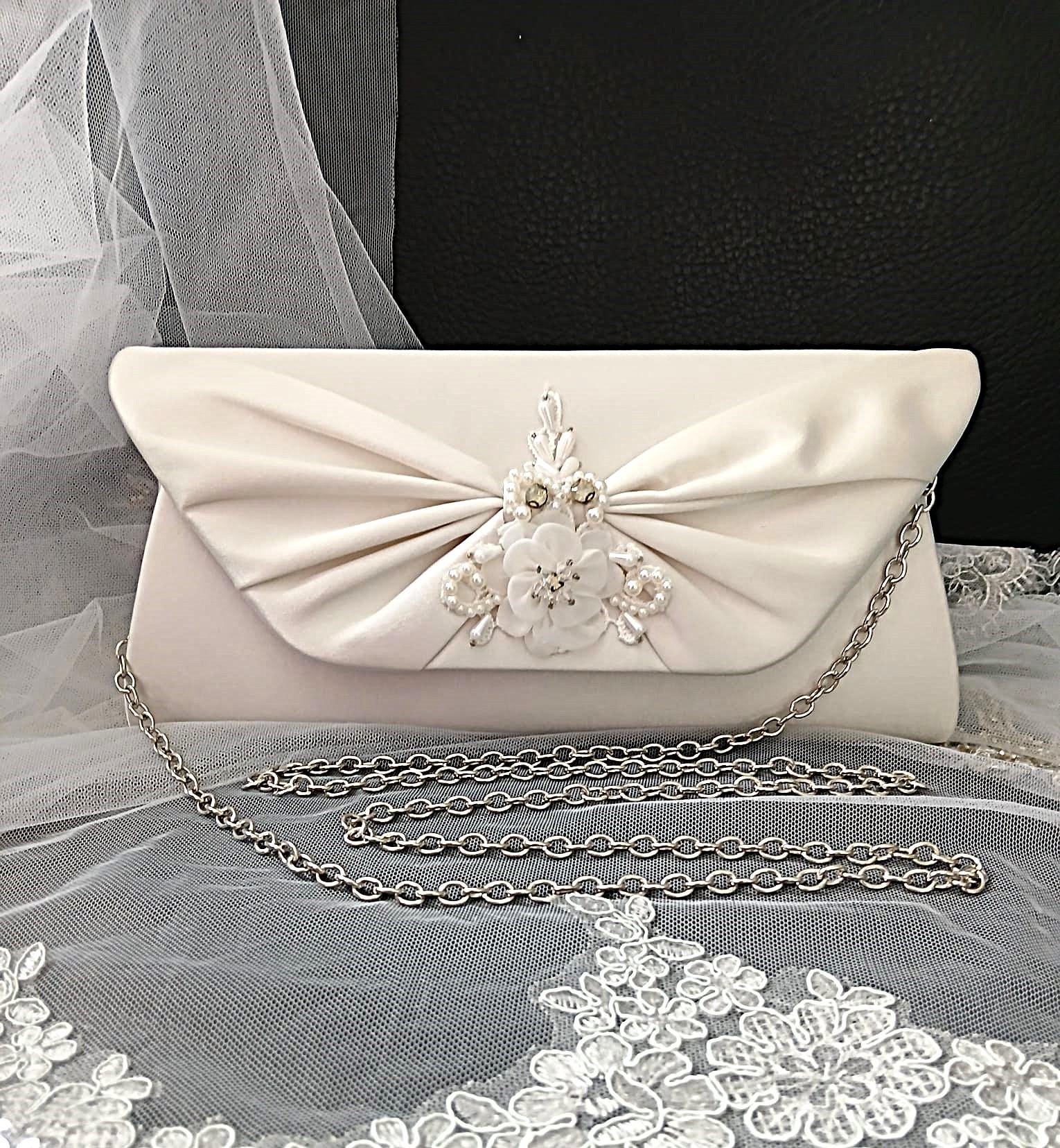 Ivory Satin Evening Clutch Bag: Floral Wedding Handbag with Chain