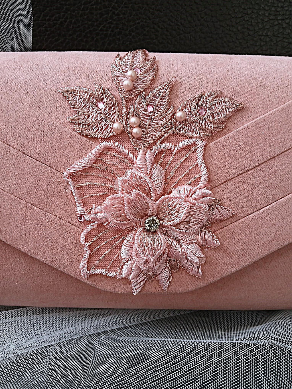 Blush Pink Suede Clutch Bag: Floral Wedding Handbag with Chain Handle