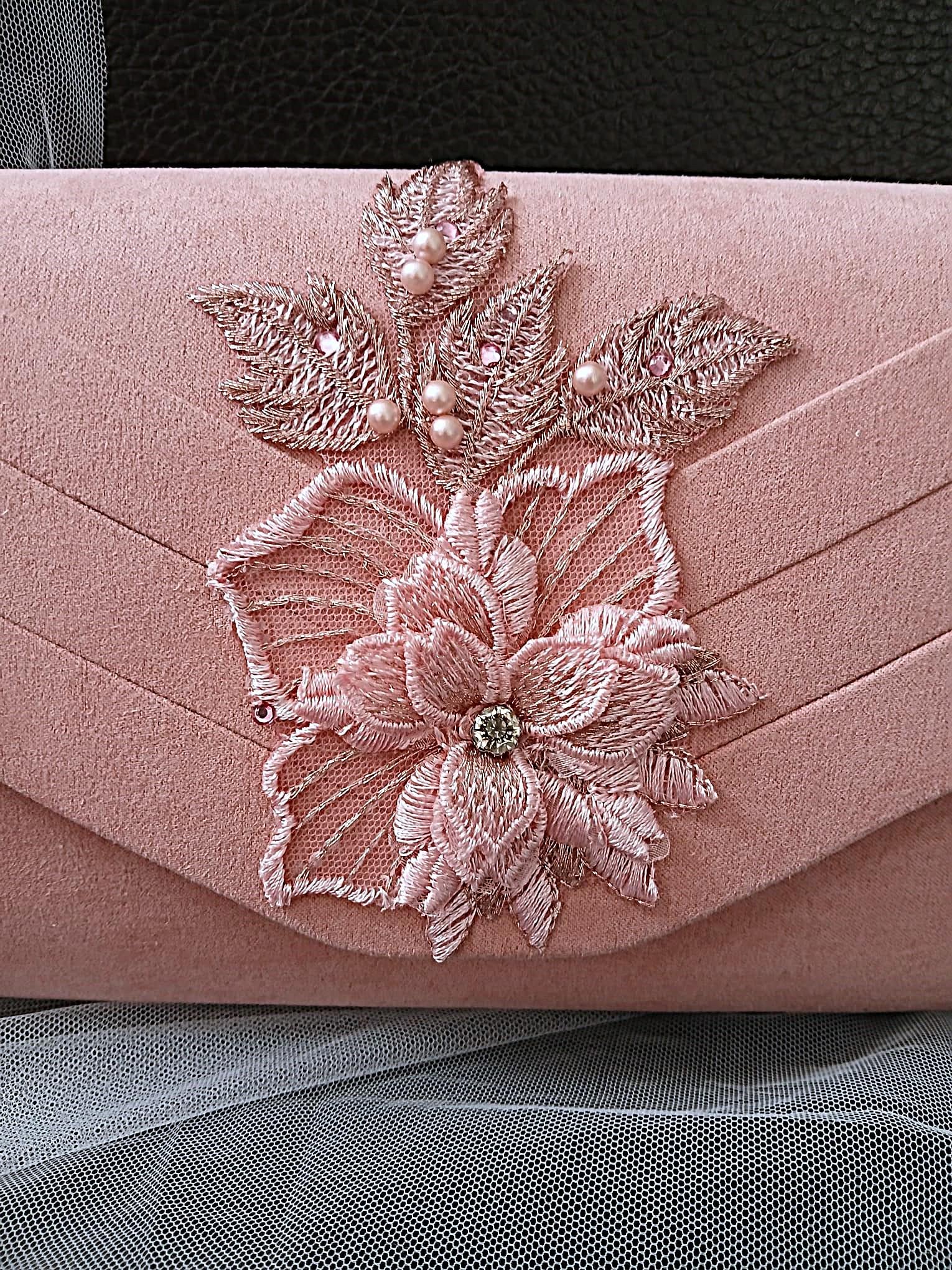 Blush Pink Suede Clutch Bag: Floral Wedding Handbag with Chain Handle