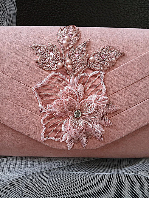 Blush Pink Suede Clutch Bag: Floral Wedding Handbag with Chain Handle