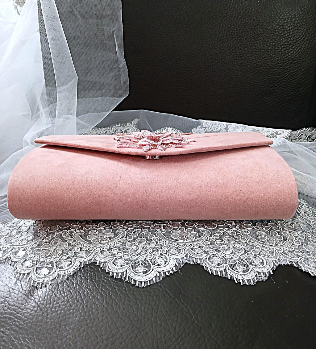 Blush Pink Suede Clutch Bag: Floral Wedding Handbag with Chain Handle