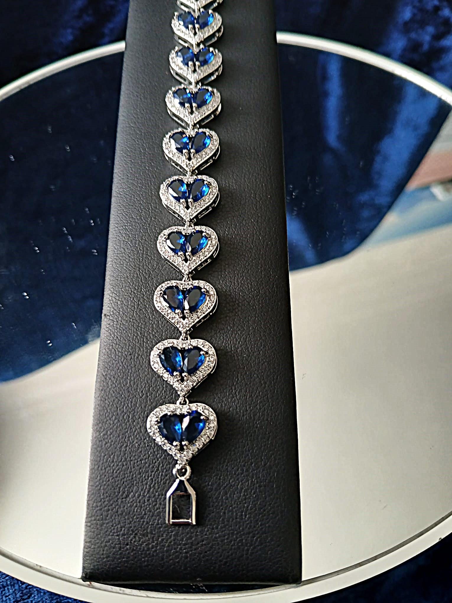 Sapphire Blue Heart Bracelet: Swarovski Crystals in Silver Setting