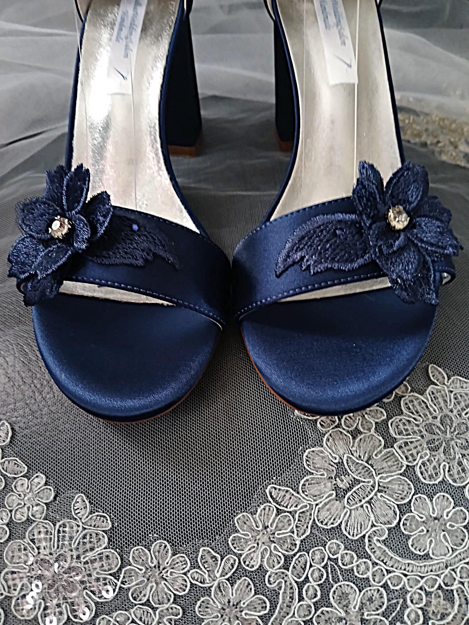 Navy Blue Satin Shoe and Clutch Set: Floral Block Heel Sandals