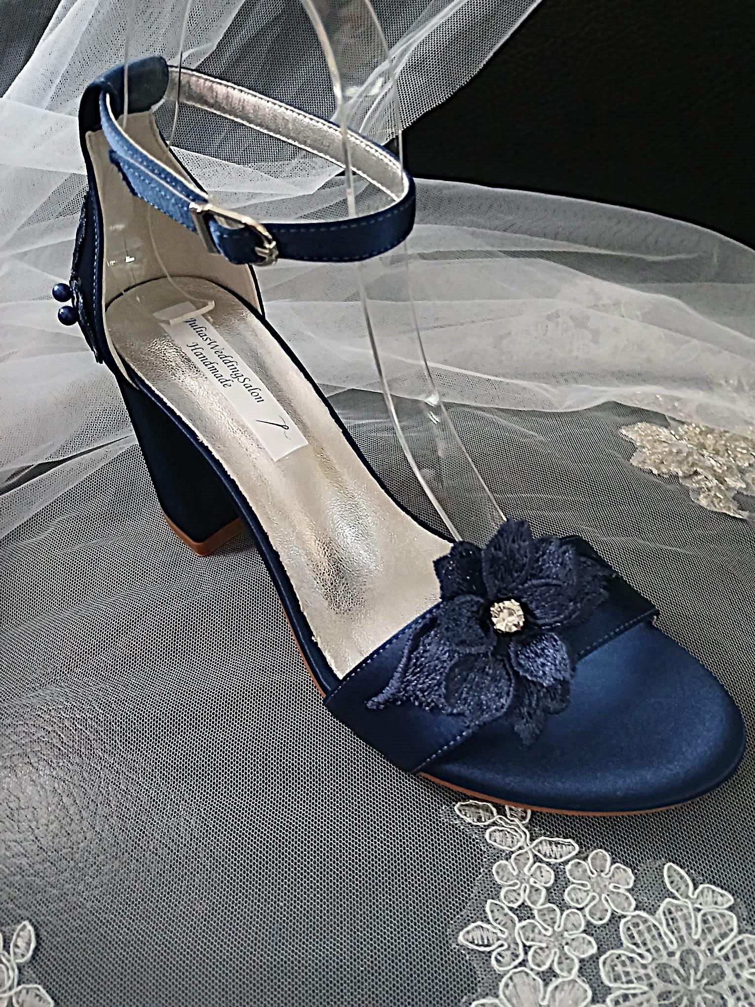 Navy Blue Satin Shoe and Clutch Set: Floral Block Heel Sandals