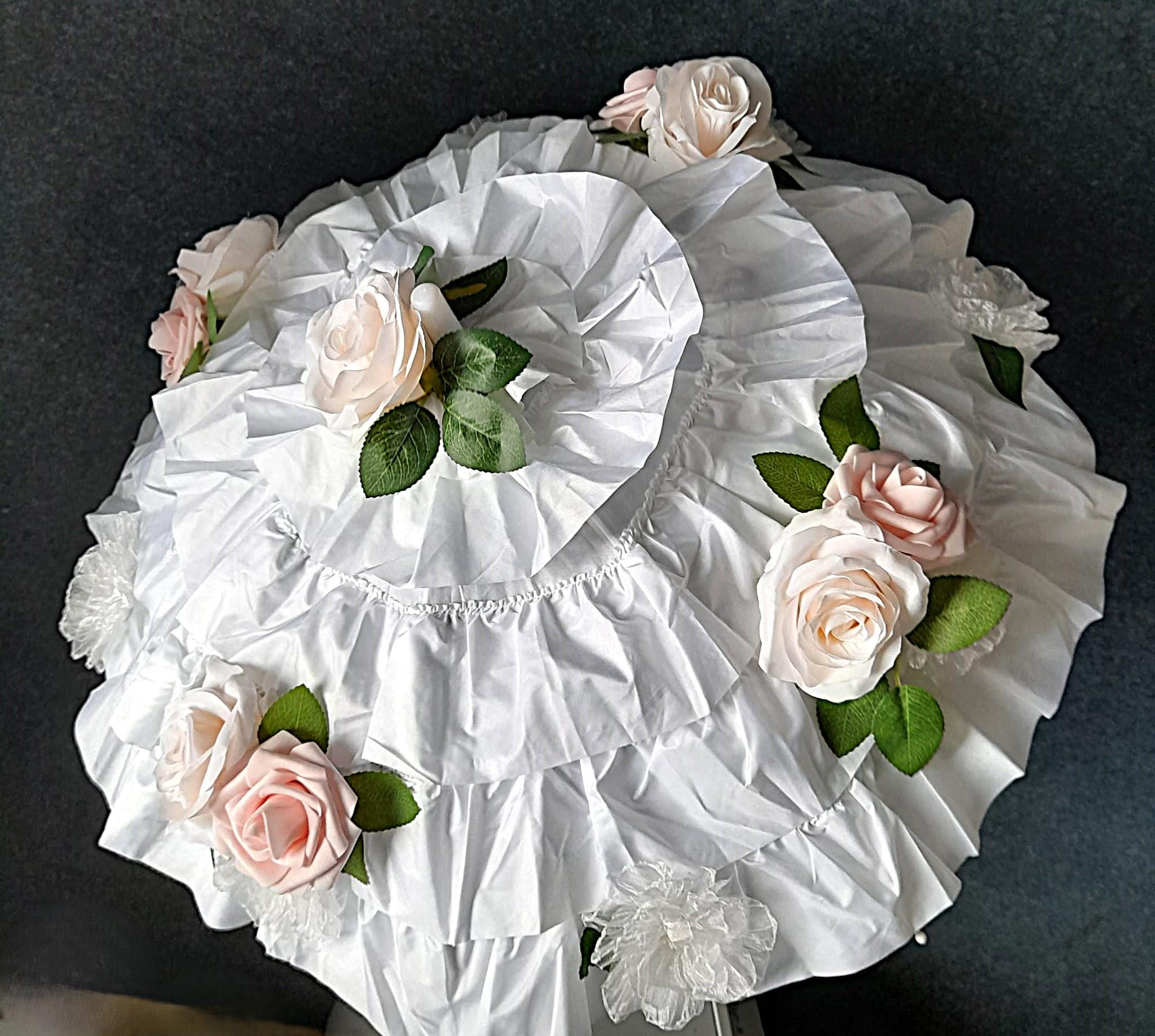 White Bridal Parasol With Flowers,Bridal Stick Umbrella For Wedding,Party Accessory