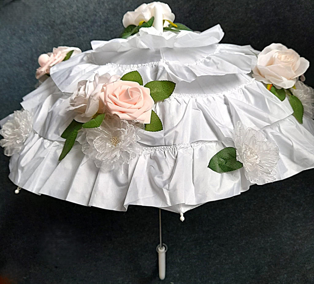 White Bridal Parasol With Flowers,Bridal Stick Umbrella For Wedding,Party Accessory