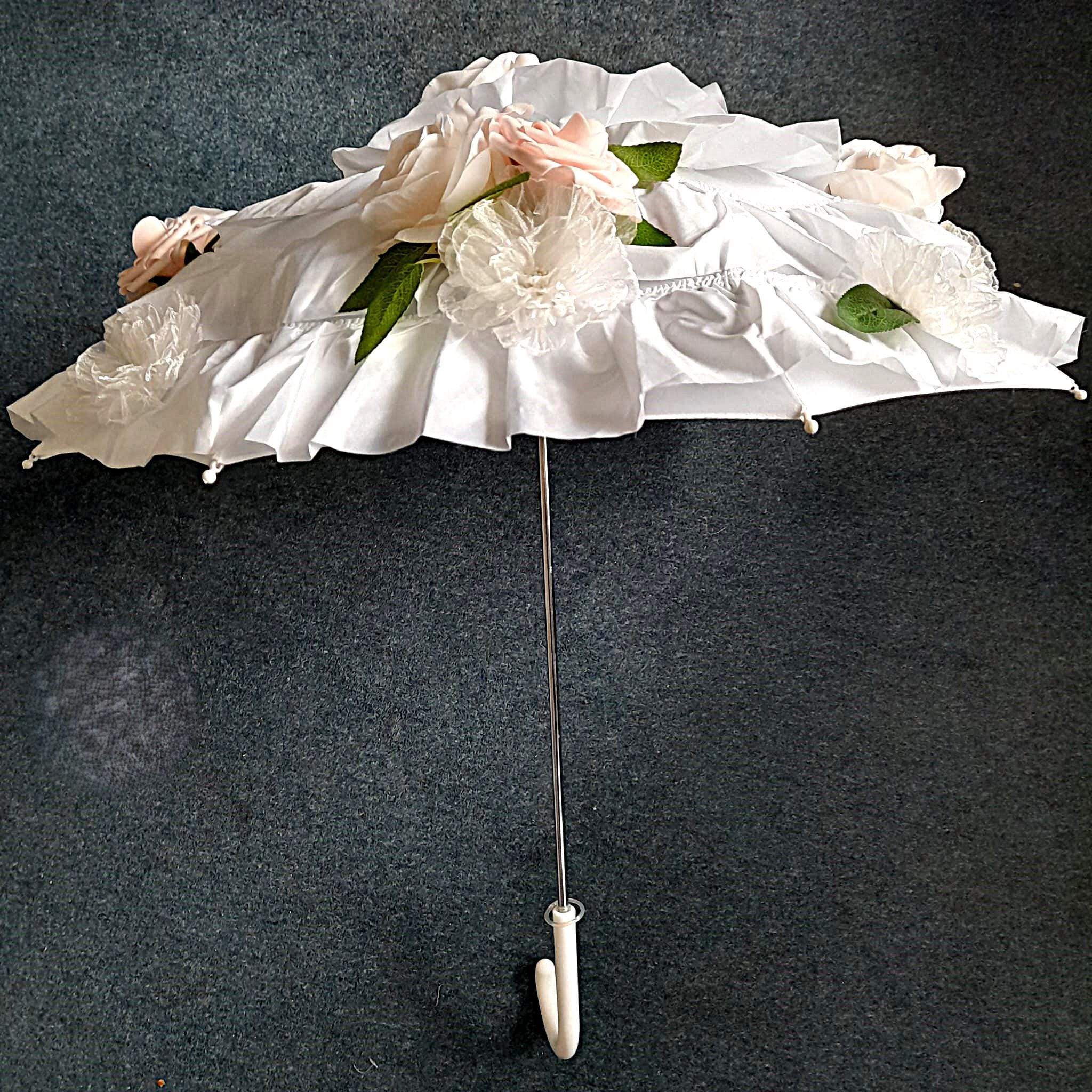 White Bridal Parasol With Flowers,Bridal Stick Umbrella For Wedding,Party Accessory