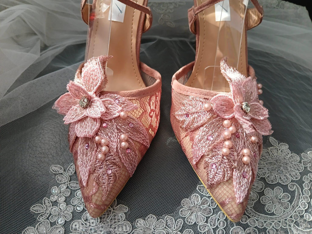 Dusky Pink Suede Wedding Sandal & Clutch Set: Lace Bridal Shoes