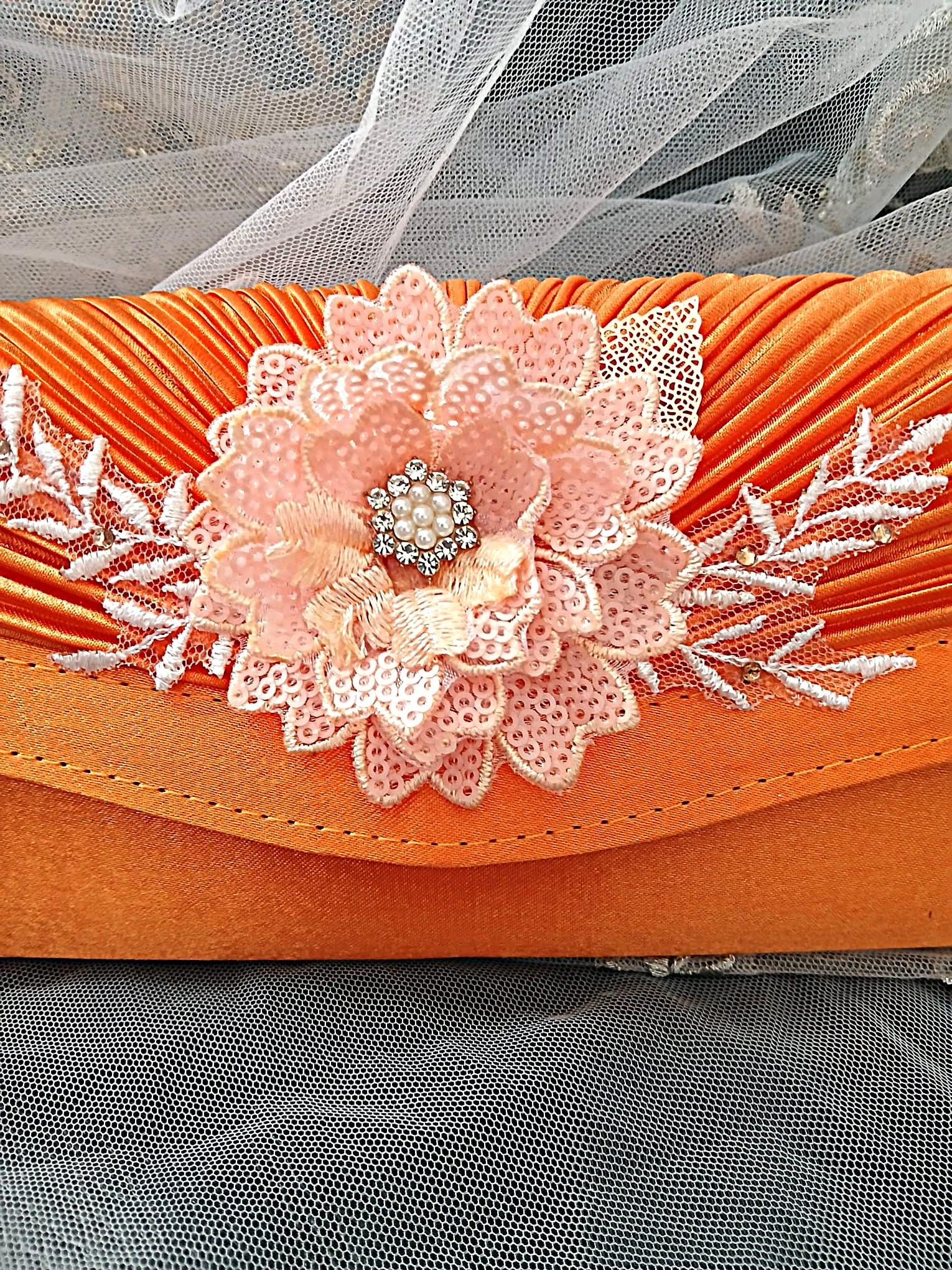 Orange Floral Hat & Satin Clutch Bag Set: Formal Occasion Accessories