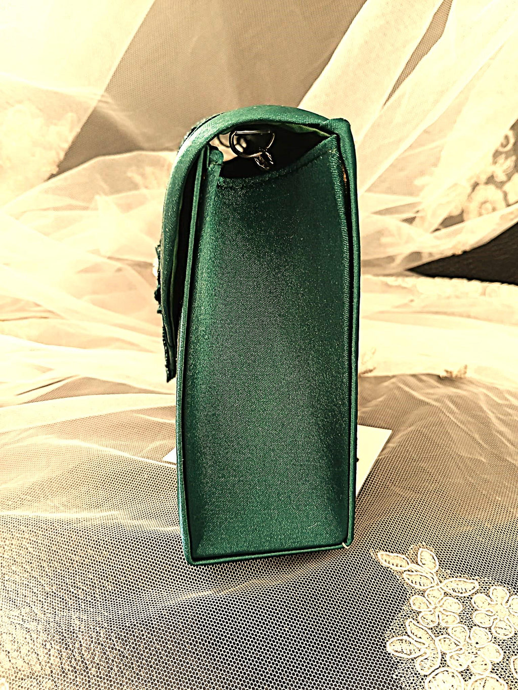 Green Satin Evening Clutch: Floral Bridesmaid Purse