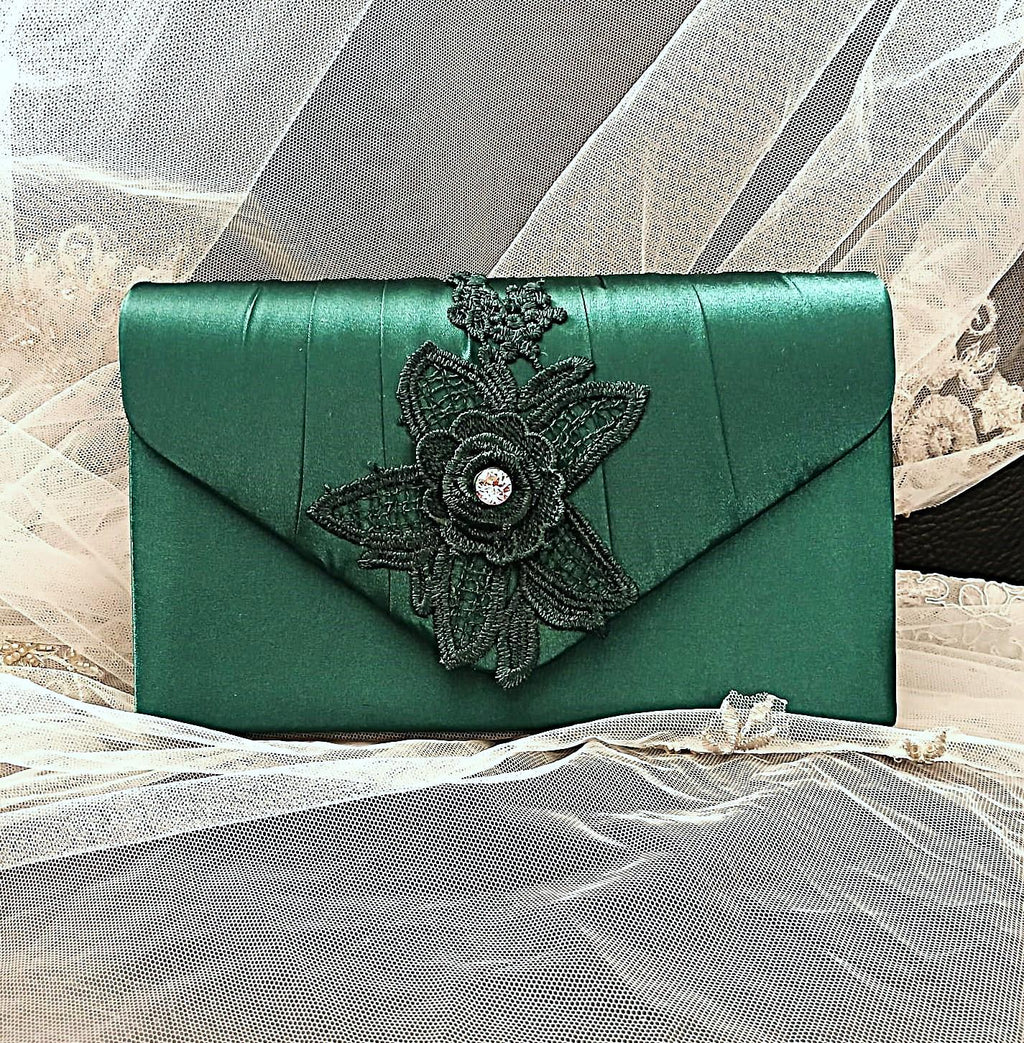 Green Satin Evening Clutch: Floral Bridesmaid Purse
