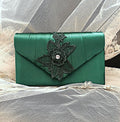 Green Satin Evening Clutch: Floral Bridesmaid Purse