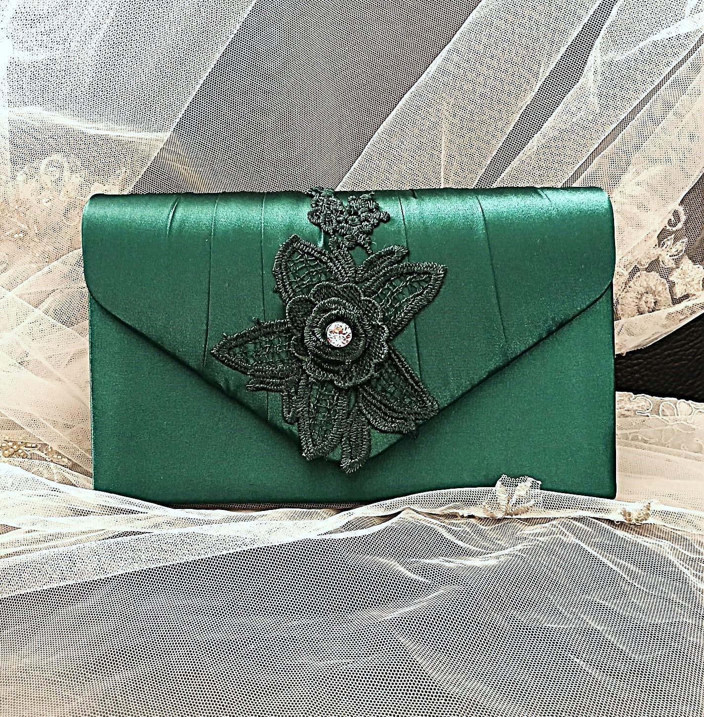 Green Satin Evening Clutch: Floral Bridesmaid Purse