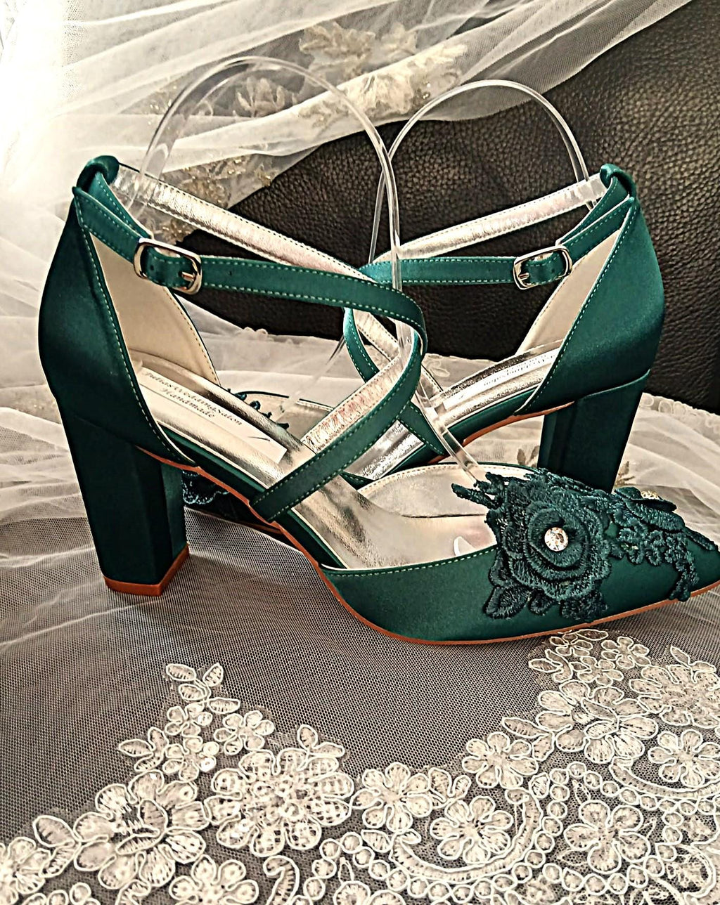 Emerald Green Block Heel Sandal & Clutch Set: Floral Evening Footwear