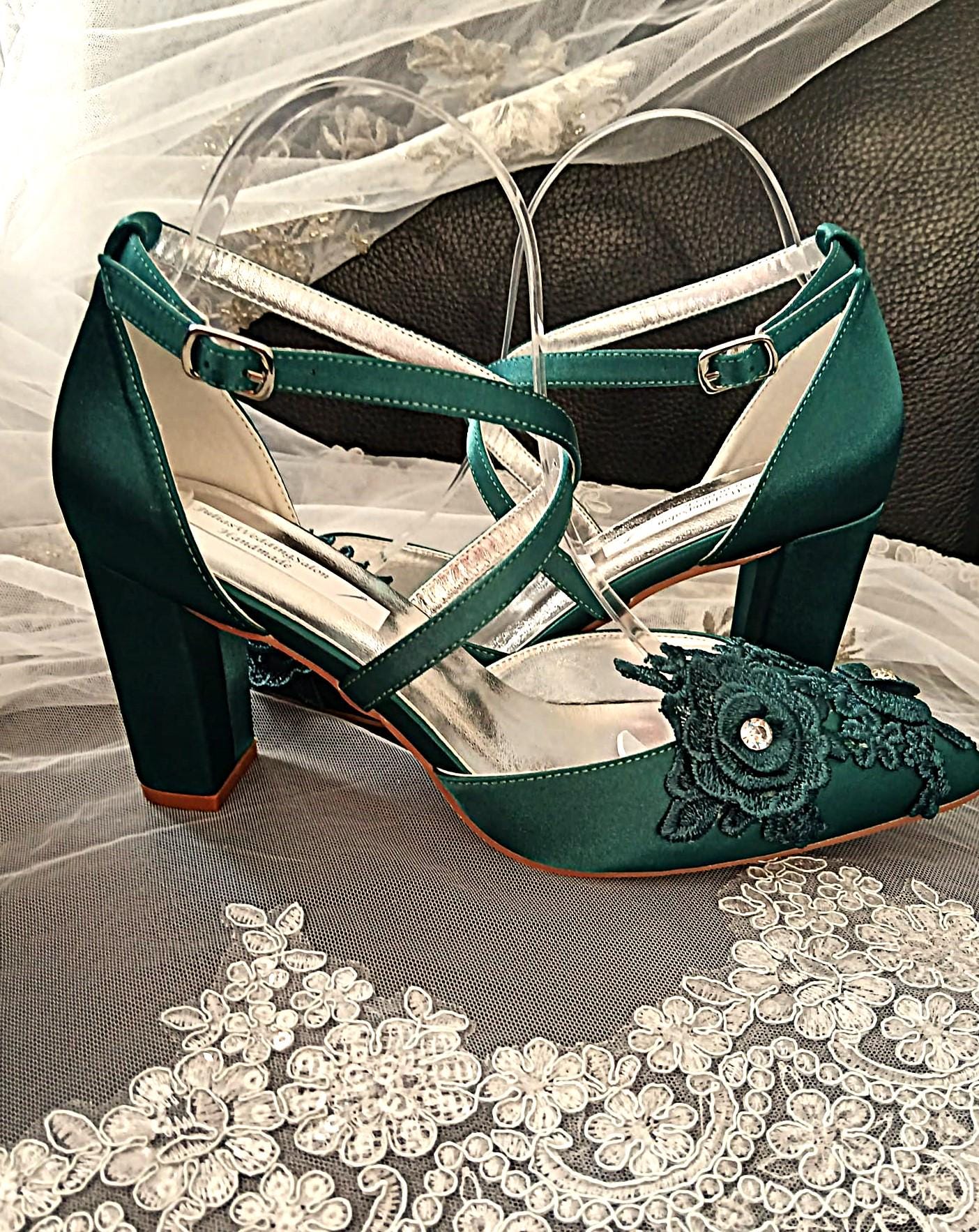 Emerald Green Block Heel Sandal & Clutch Set: Floral Evening Footwear