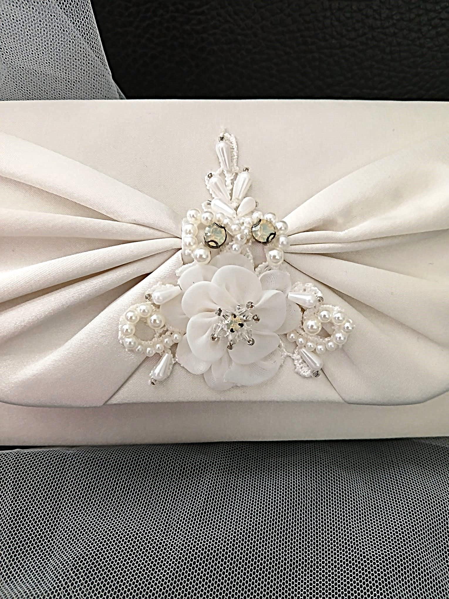 Ivory Satin Evening Clutch Bag: Floral Wedding Handbag with Chain
