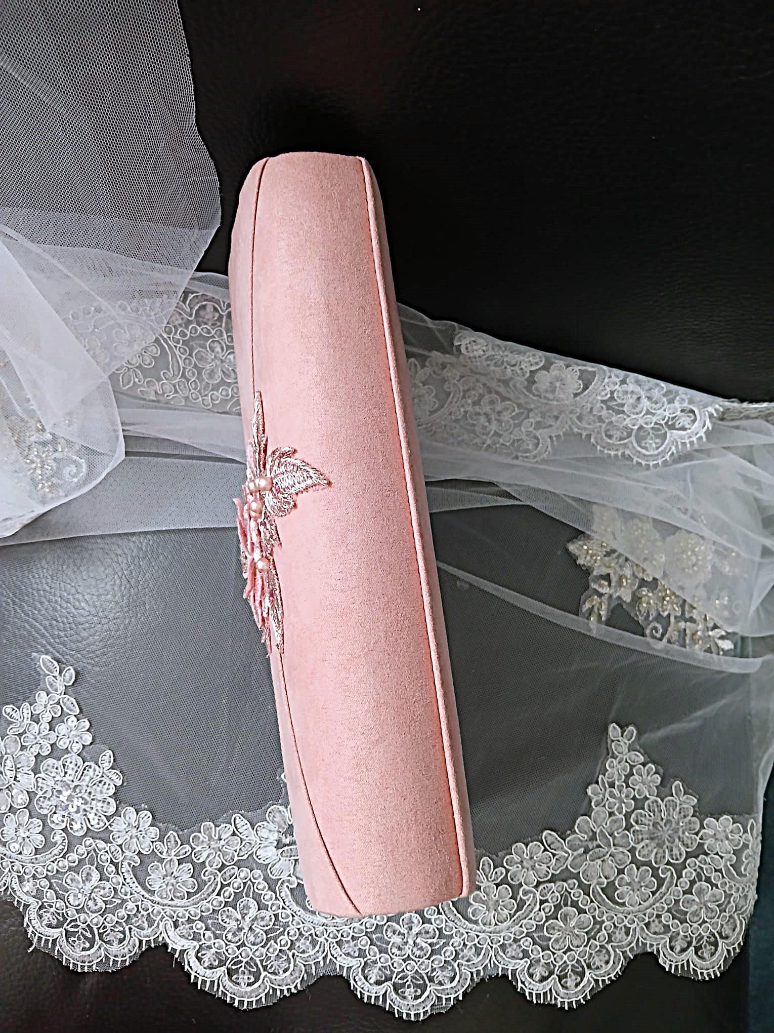 Blush Pink Suede Clutch Bag: Floral Wedding Handbag with Chain Handle
