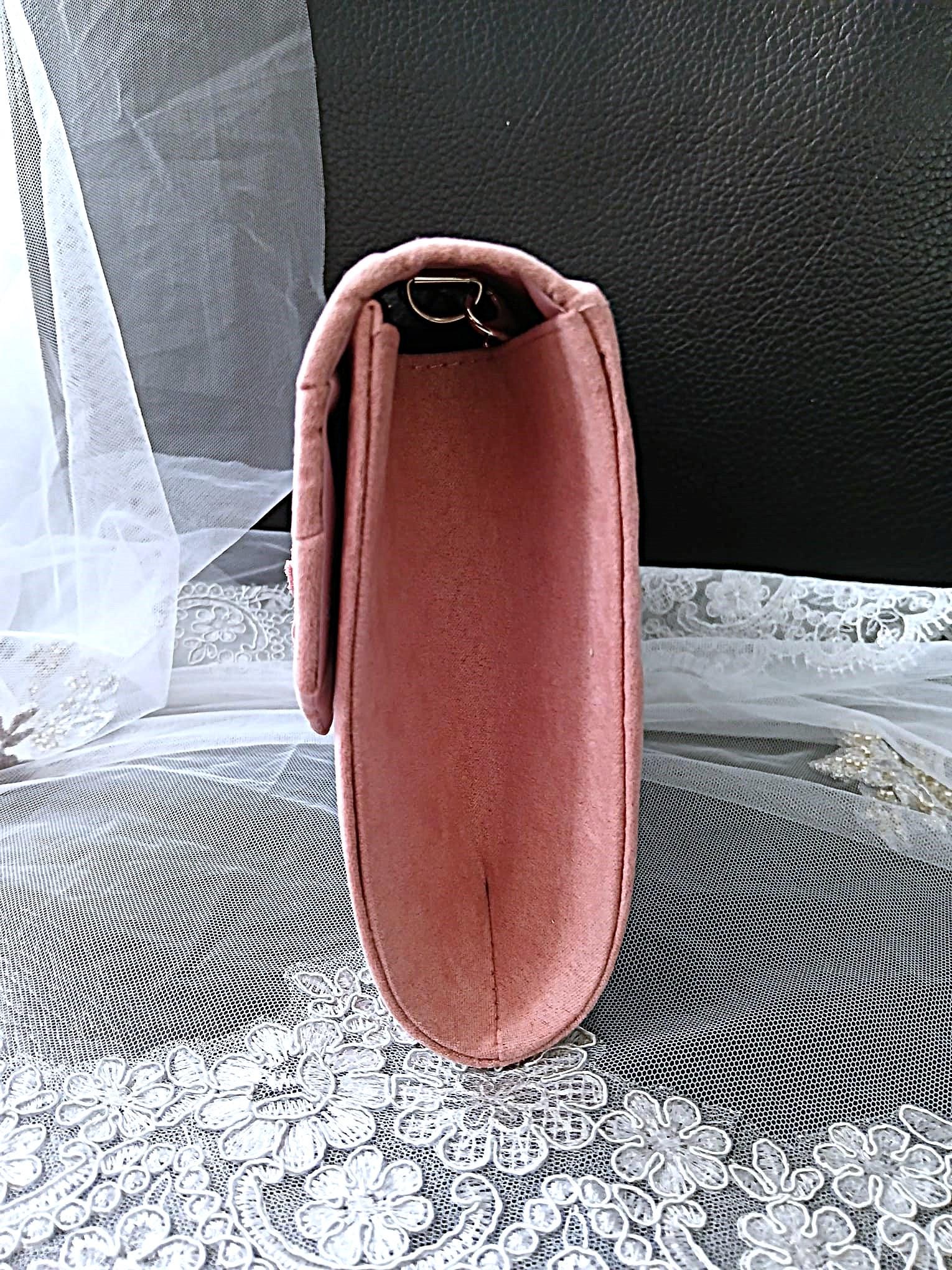 Blush Pink Suede Clutch Bag: Floral Wedding Handbag with Chain Handle