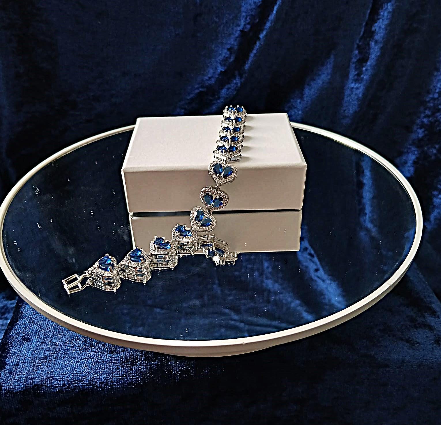 Sapphire Blue Heart Bracelet: Swarovski Crystals in Silver Setting