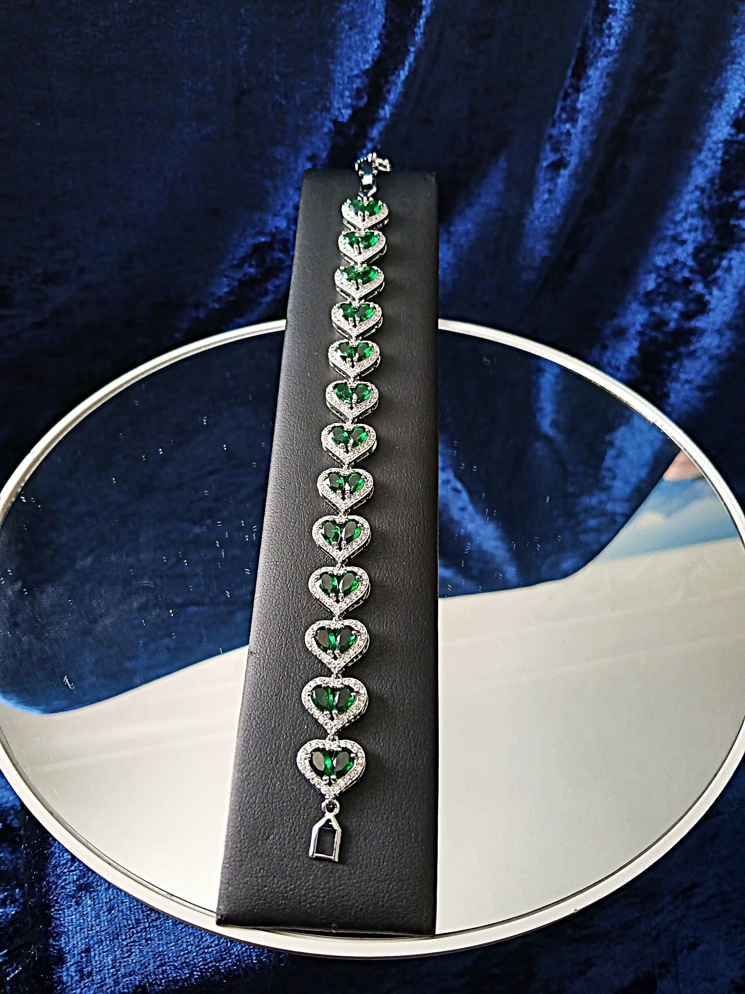 Emerald Green Heart Bracelet: Swarovski Crystals in Silver Setting