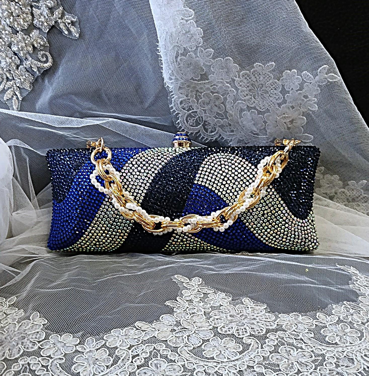Blue Bridal Evening Clutch Bag,Wedding Crystal Handbag,Purse For Mother or Bridesmaid