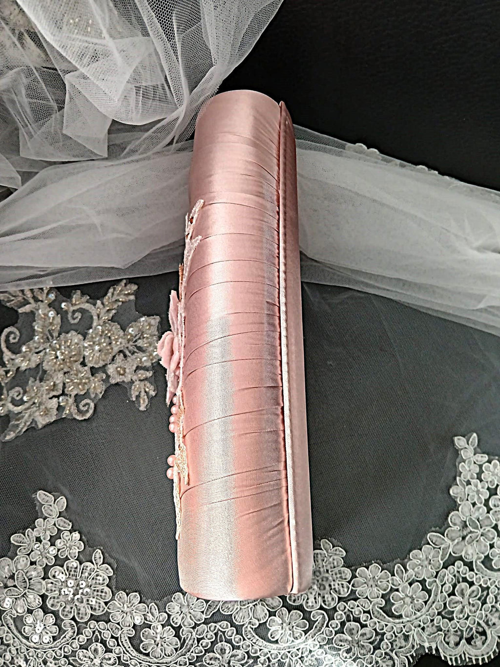 New Pink Satin Evening Clutch Bag: Floral Wedding Handbag with Chain