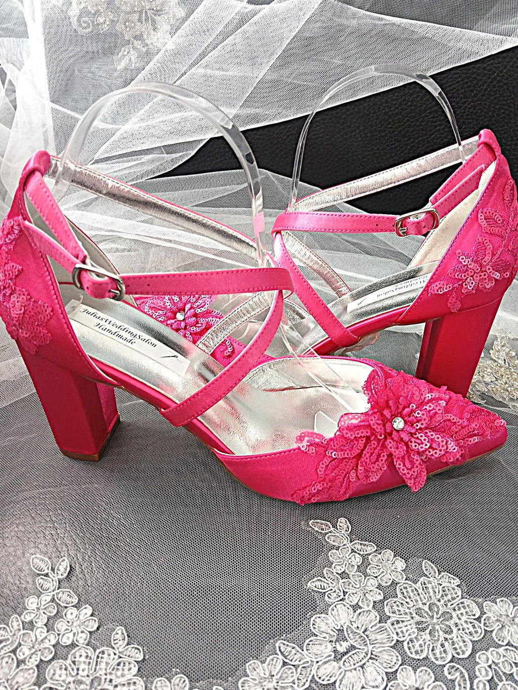 Fuchsia Satin Block Heel Shoes Hat & Clutch Set For Formal Event