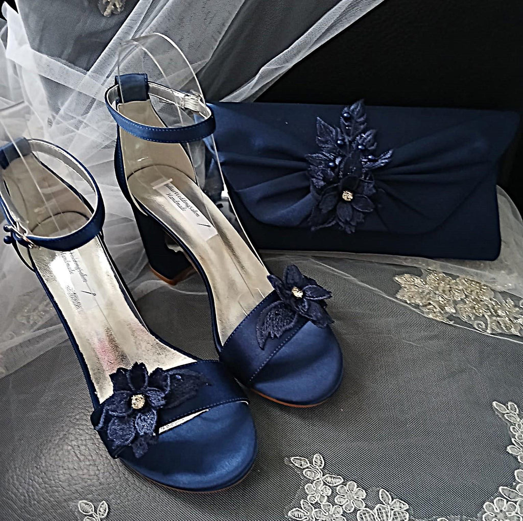 Navy Blue Satin Shoe and Clutch Set: Floral Block Heel Sandals