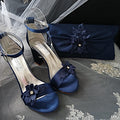 Navy Blue Satin Shoe and Clutch Set: Floral Block Heel Sandals
