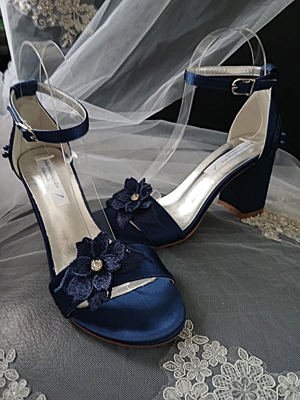 Navy Blue Satin Shoe and Clutch Set: Floral Block Heel Sandals