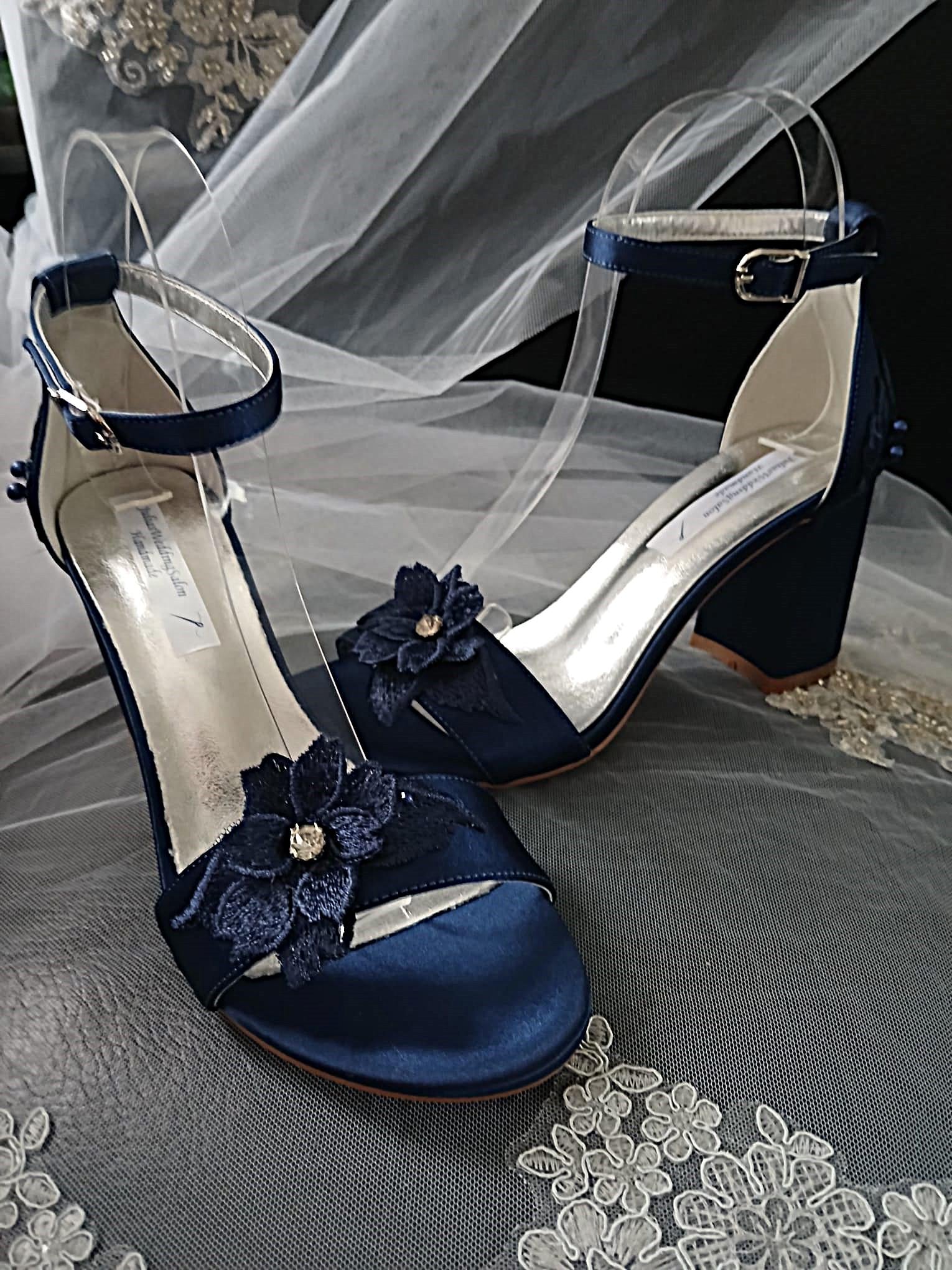 Navy Blue Satin Shoe and Clutch Set: Floral Block Heel Sandals