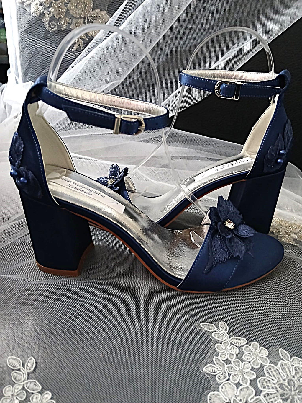 Navy Blue Satin Shoe and Clutch Set: Floral Block Heel Sandals