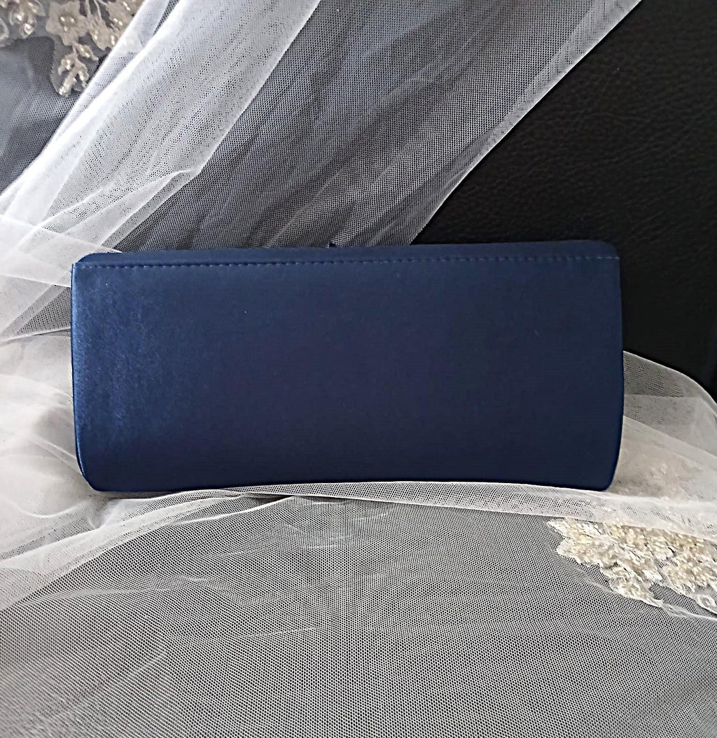 Navy Blue Satin Evening Clutch Bag For Formal Event: Floral Wedding Handbag